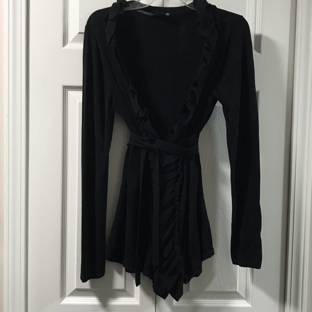 Willi Smith Black Ruffled Tie Cardigan